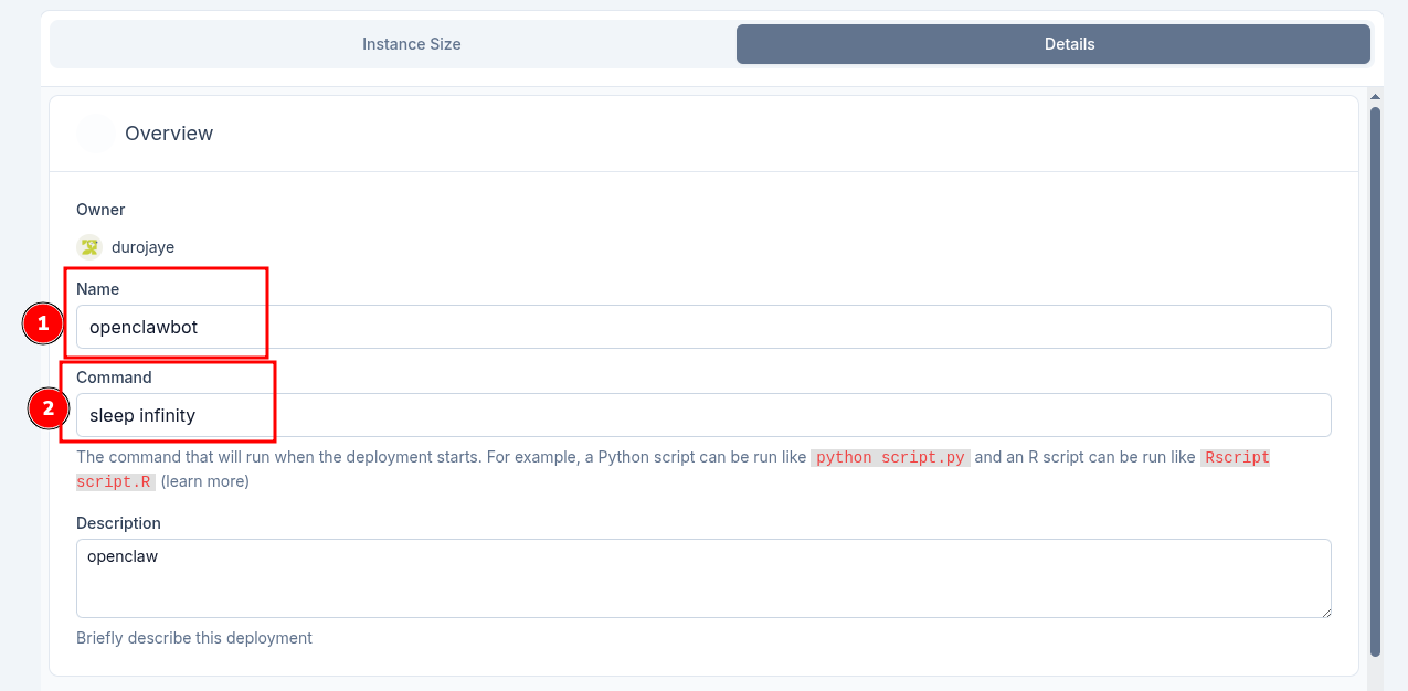 Deployment name and command set to sleep infinity