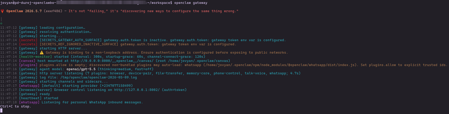 Gateway ready with WhatsApp listener