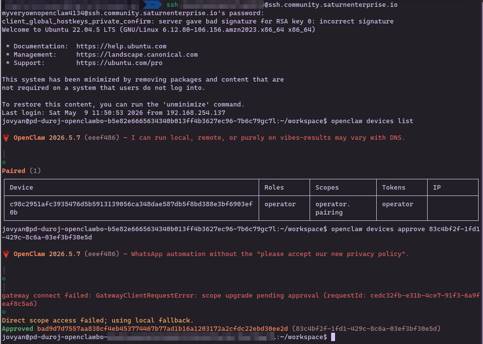 Device approval command in terminal