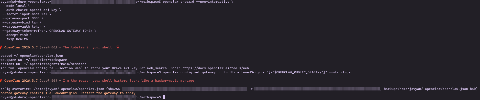 OpenClaw onboarding success in terminal