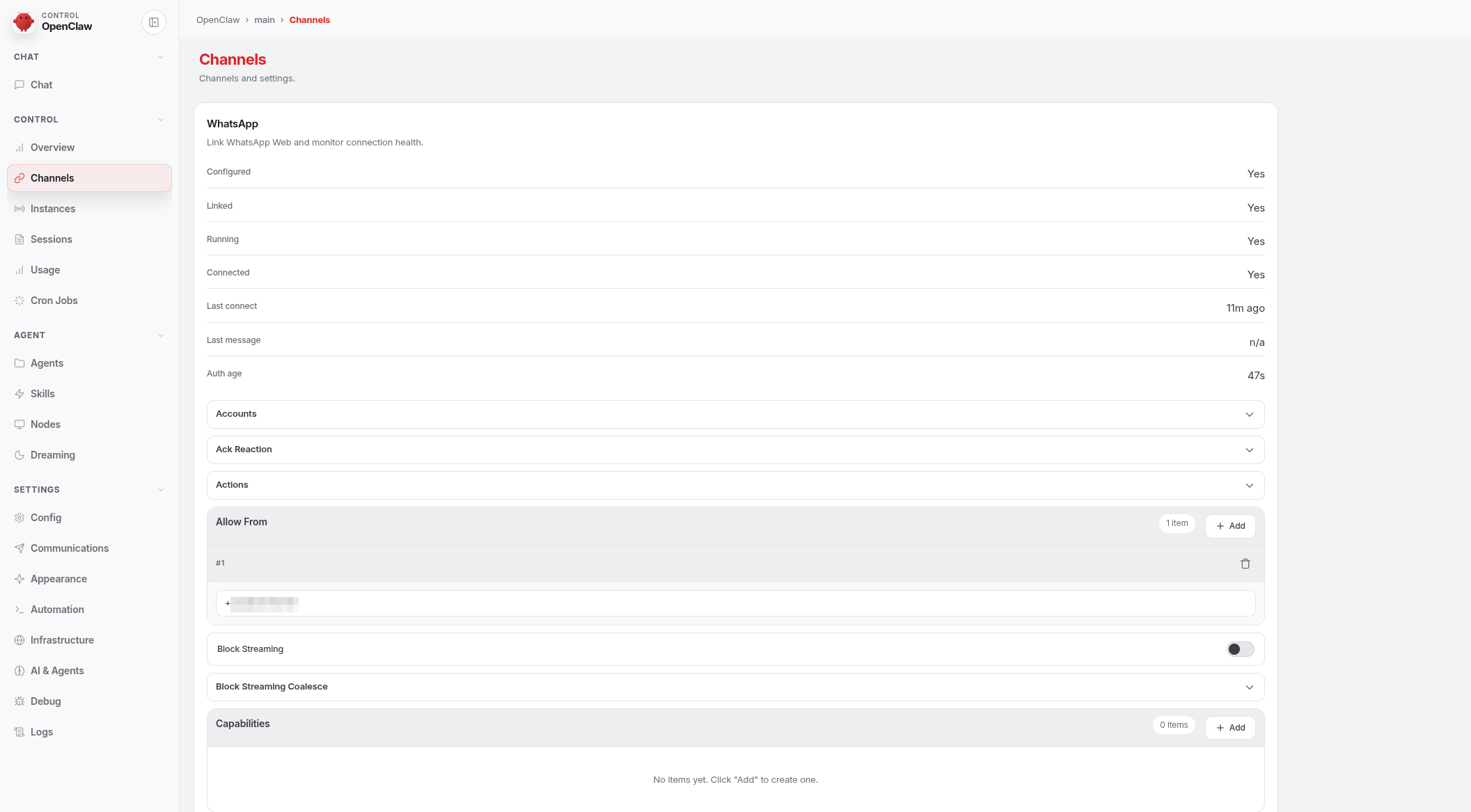 WhatsApp channel linked and configured